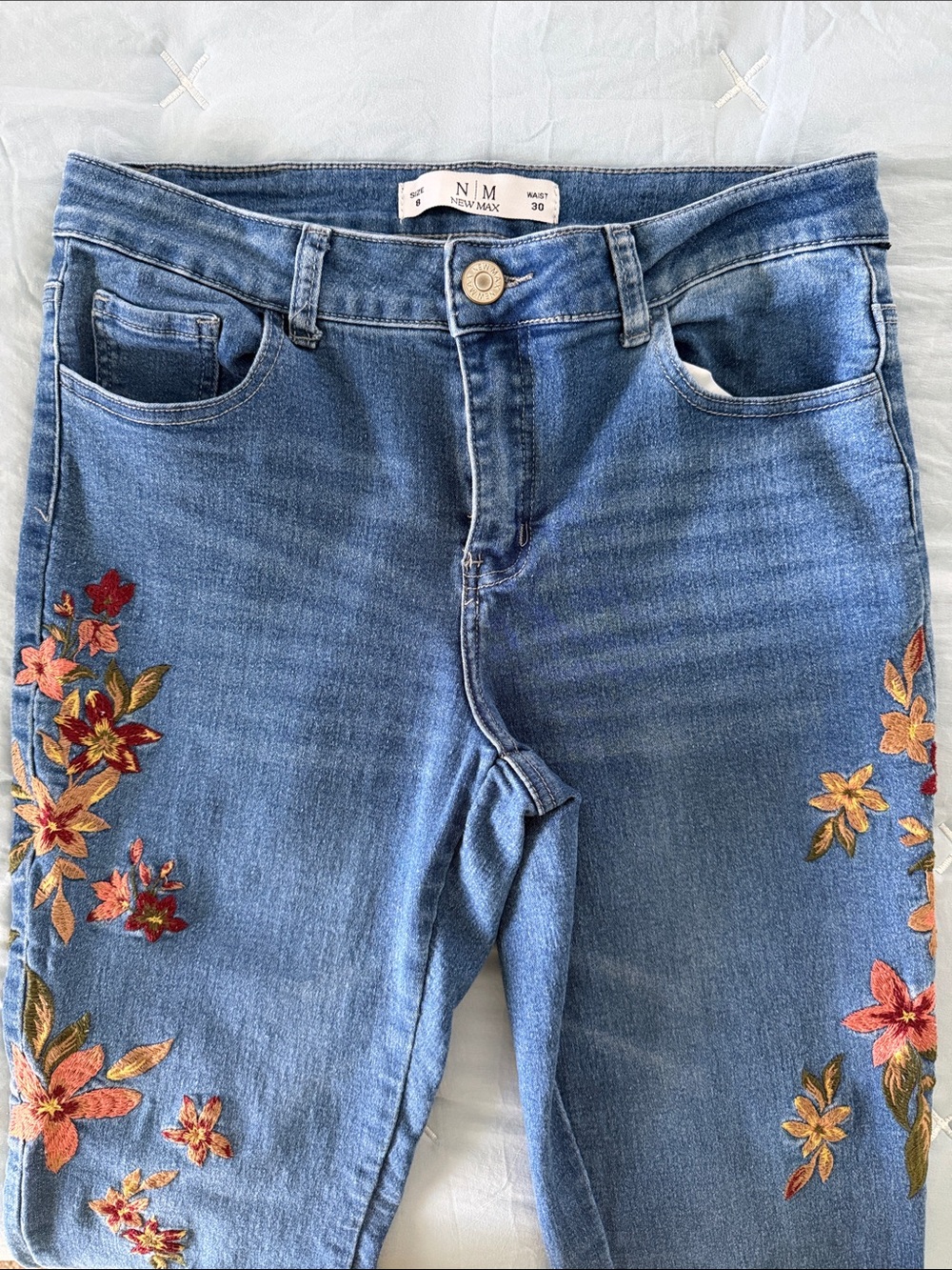 New Mix Denim Skinny Jeans with Peach and Red Floral Embroidery